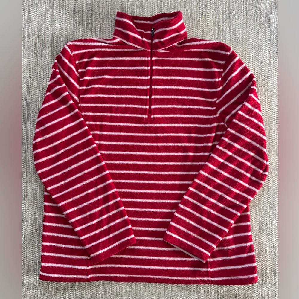 Lands’‎ End red white striped long sleeve quarter zip fleece pullover women’s L